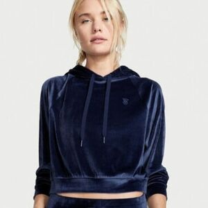 Victoria's Secret Velour Navy Ribbed Pullover Hoodie Size Small